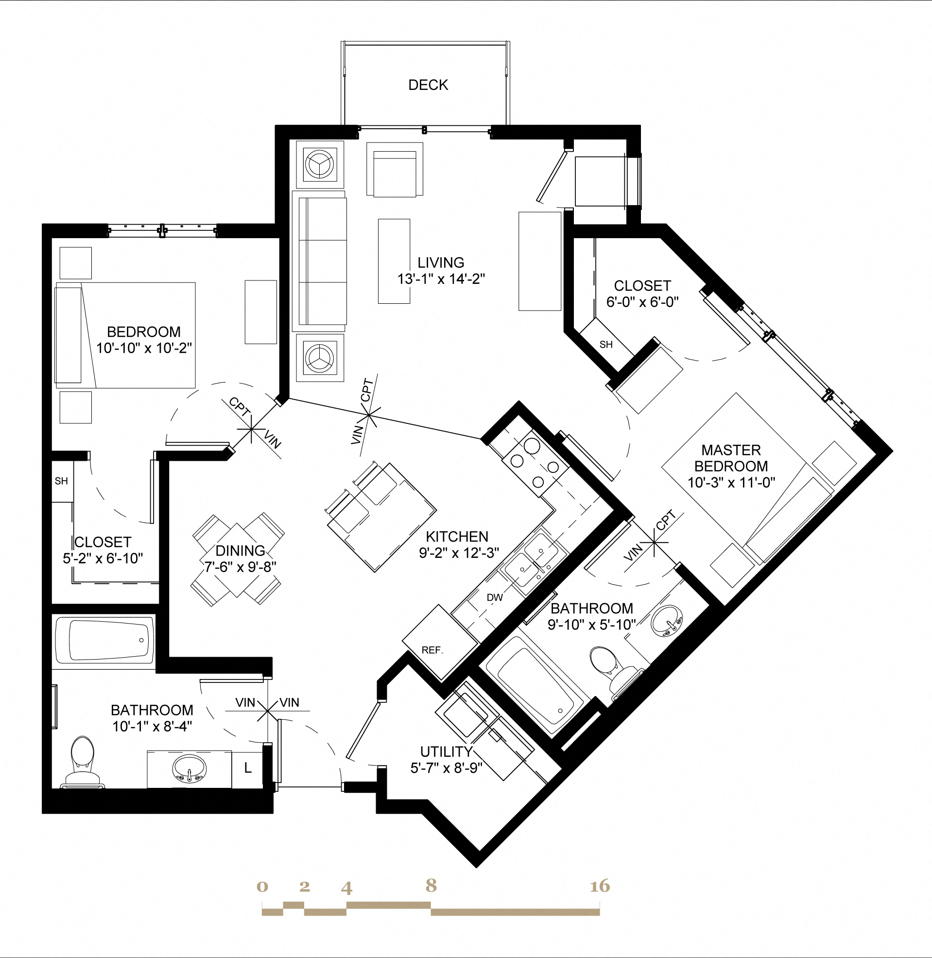 Floor plan for 2 beds, 2 baths, 1002 sqft